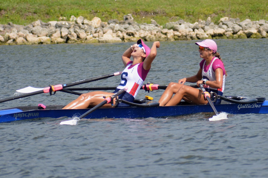 Maya Schultz and Maeva Ginsberg-Klemmt let some some screams after winning the A Final of the Women's U17 2x (7:36.96) at the 2022 USRowing Youth National Championships.