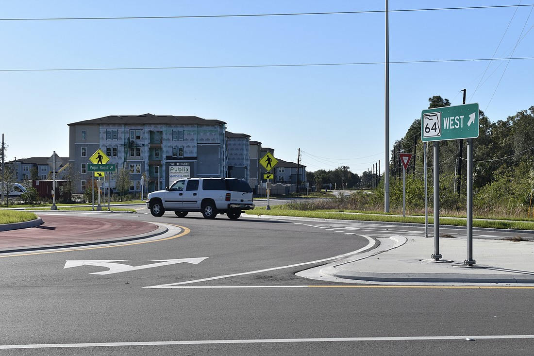 A roundabout was added to GreyHawk Boulevard and Pope Road in 2021.