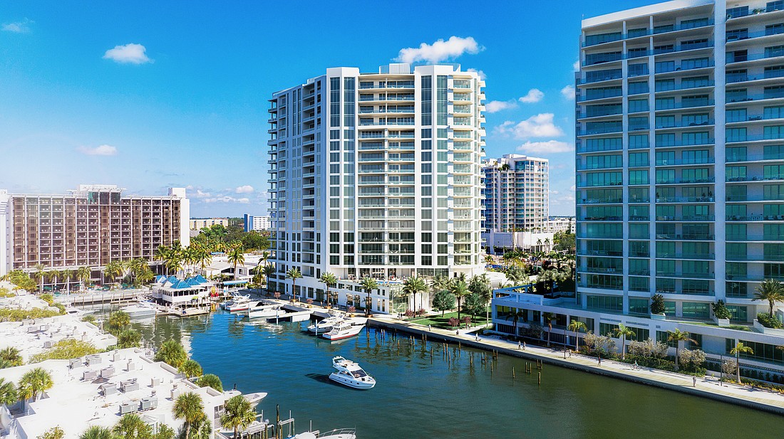 The Ritz-Carlton, Sarasota Bay would be constructed between the existing Ritz-Carlton, Sarasota tower, right, and the site of the Hyatt Regency, Sarasota, left.