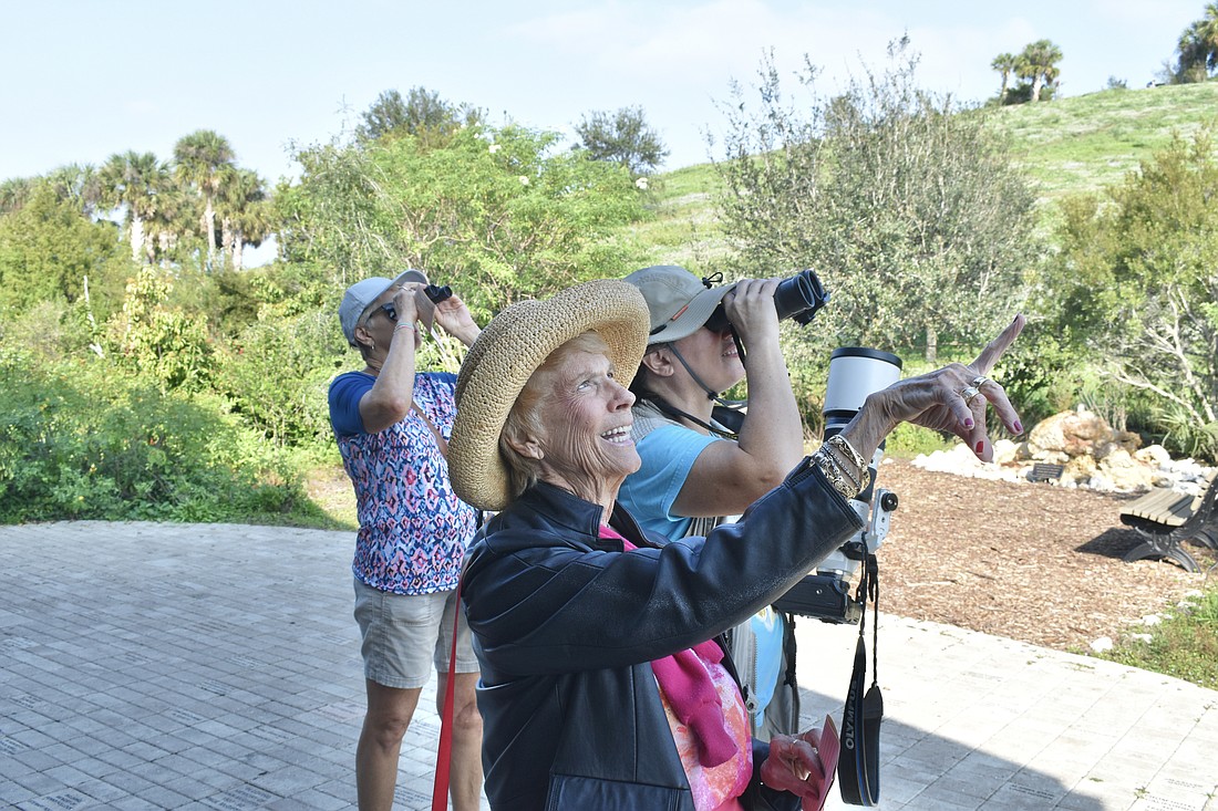 Bradenton's Sue Flansburg, Palm Aire's Marie Sucro, and Fran Meyerson observe the bird activity at Celery Fields.