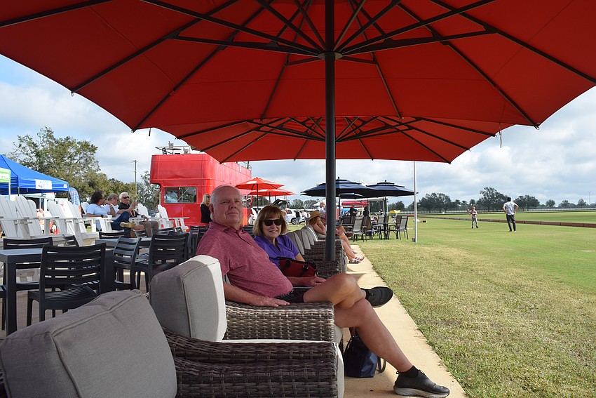 Greg and Deb Frank of Lakewood Ranch have a cushy seat at midfield for the 2023 Sarasota Polo Club season opener.