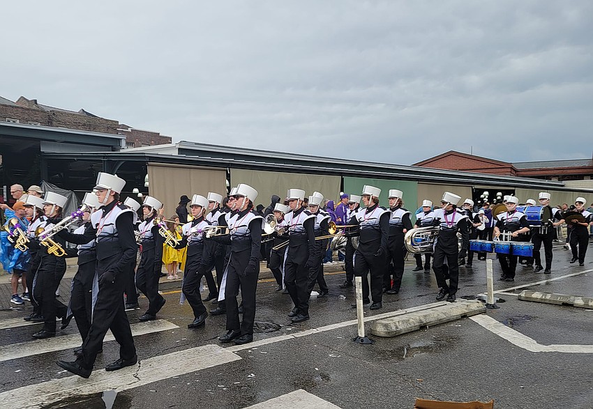 Lakewood Ranch High School's Marching Mustangs make their way through the parade route in New Orleans, Louisiana.