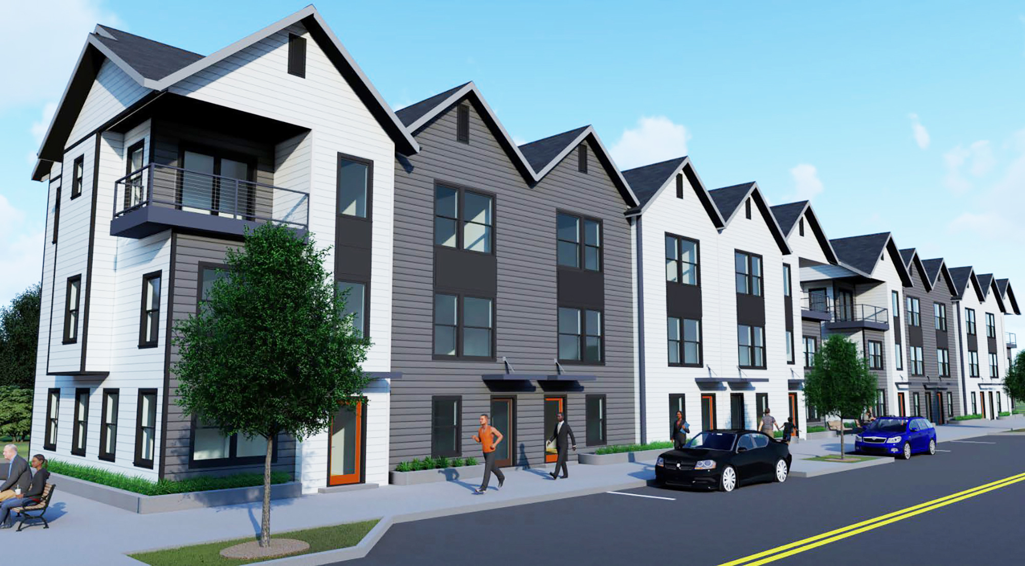 The town houses will feature a shotgun-style design with gabled roofs.