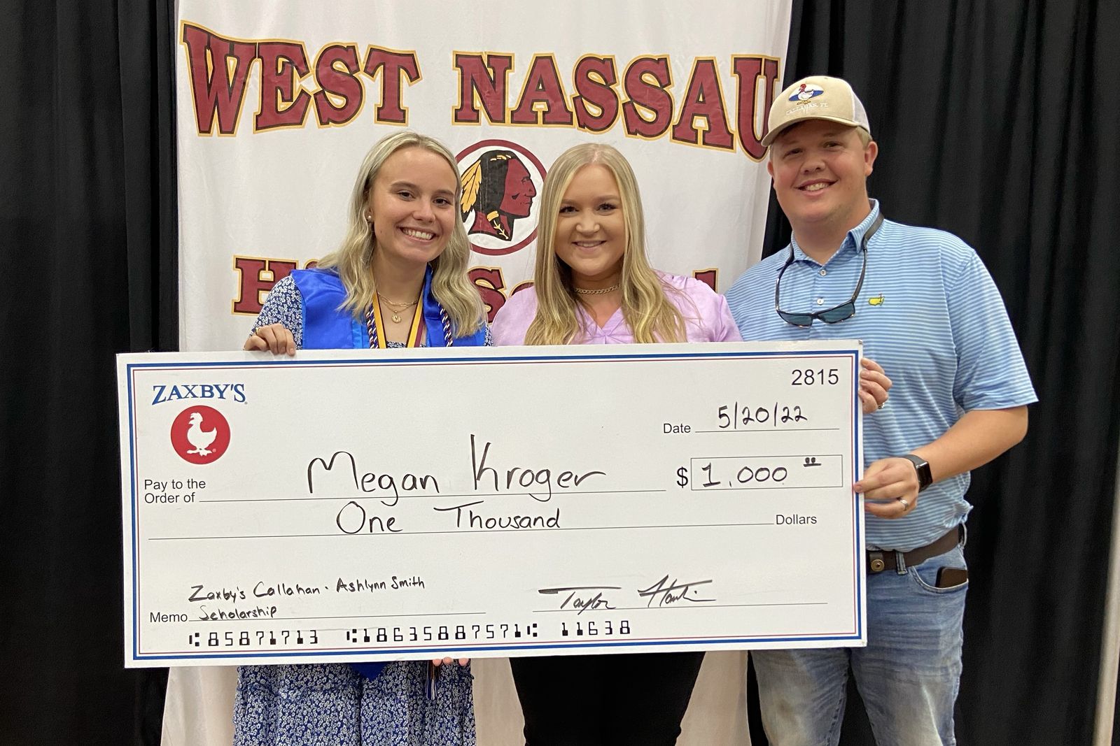 Zaxby’s Callahan Ashlynn Smith Scholarship 2022 recipient Megan Kroger, left, with Zaxby’s Callahan owners Carley and Taylor Hawkins.