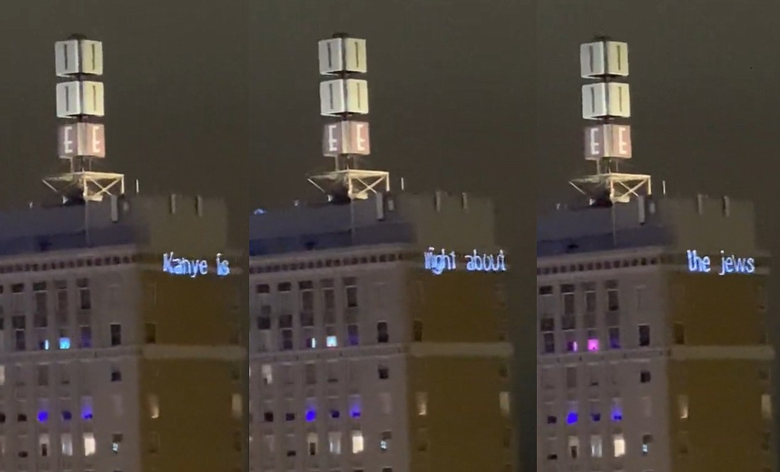 â€œKanye was right about the Jewsâ€ is projected on the 11 E. Forsyth St. apartment building Downtown.
