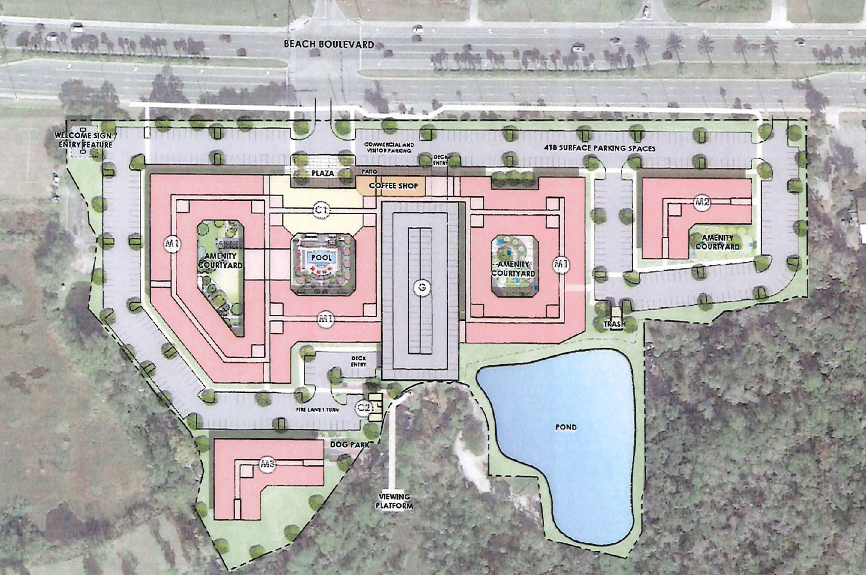 The site plan for the apartment community.