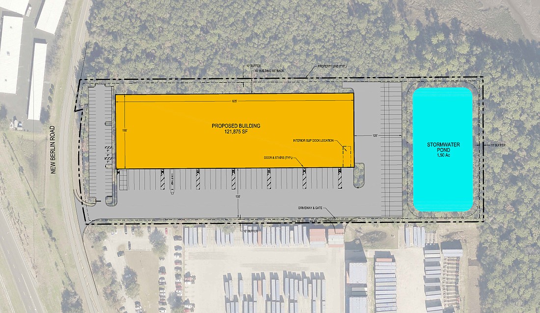 A preliminary site plan shows an almost 122,000-square-foot industrial warehouse for Trailer Bridge along New Berlin Road in North Jacksonville.