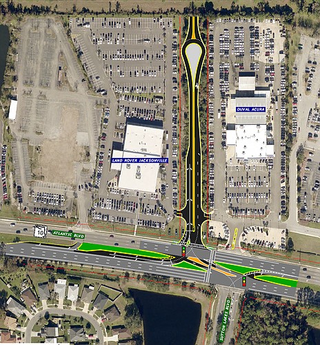 A Florida Department of Transportation concept plan for improvements to Sutton Lakes Boulevard at Atlantic Boulevard shows a road between Land Rover Jacksonville and Duval Acura.