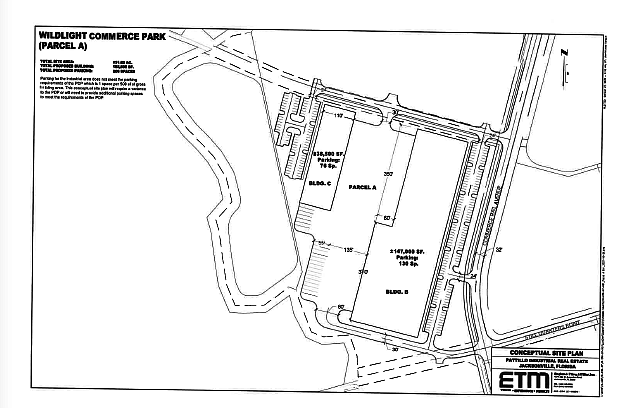 Special to the Daily Record: A conceptual site plan for Pattillo Industrial Real Estate show two buildings of 185,500 square feet on Parcel A in Wildlight Commerce Park.