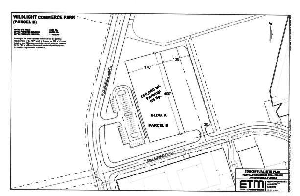 Special to the Daily Record: A conceptual site plan for Pattillo Industrial Real Estate shows one 68,000-square-foot building on Parcel B in Wildlight Commerce Park.