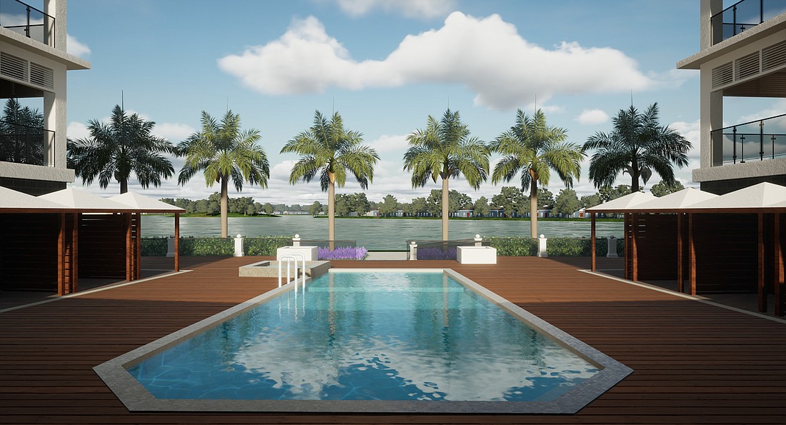 The swimming pool at the new condo complex planned for Main Street at Lakewood Ranch will overlook Lake Uihlein. (Courtesy photo)