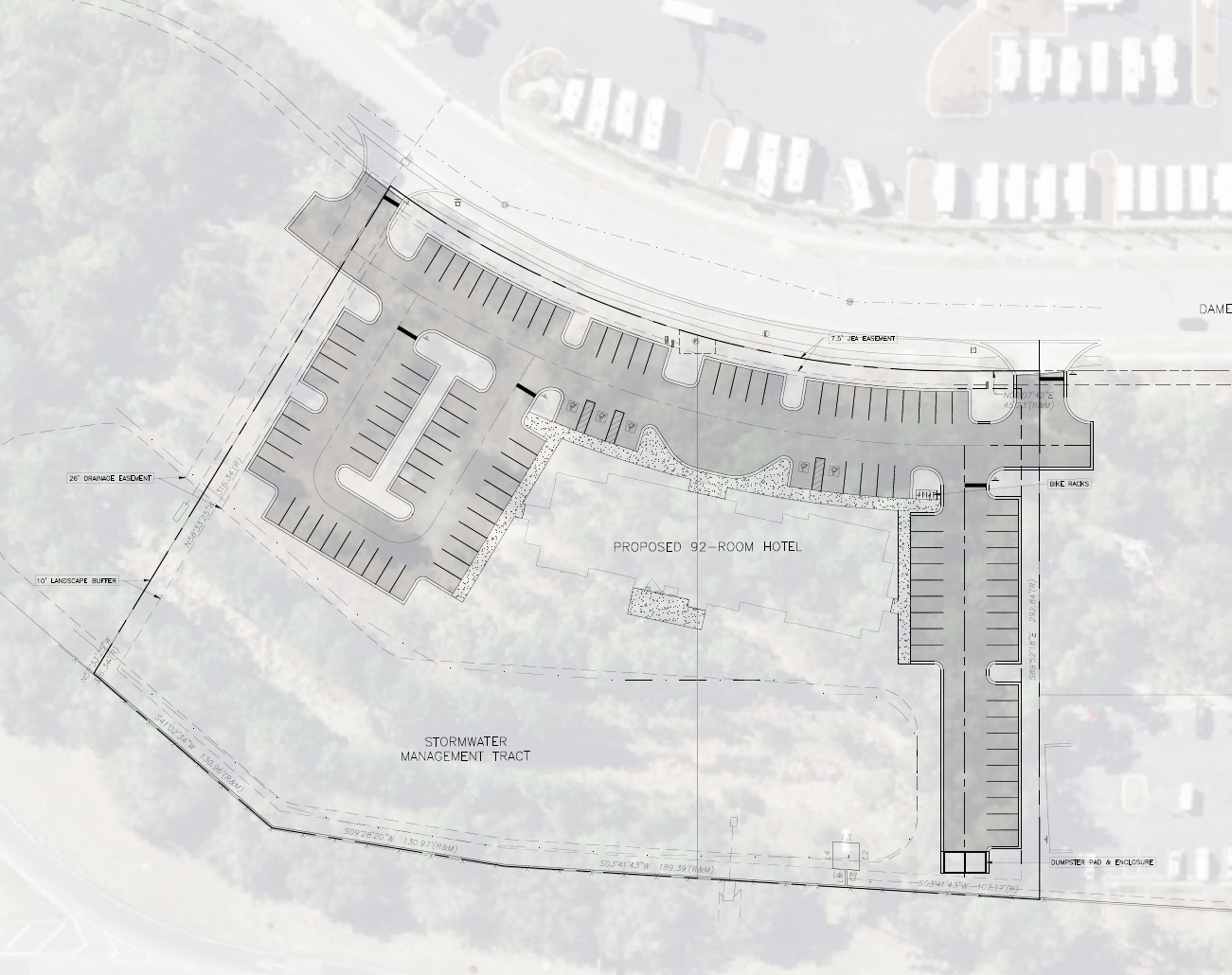 A preliminary site plan for a 92-room Extended Stay America at Dames Point Crossing at northwest Merrill Road and Interstate 295.