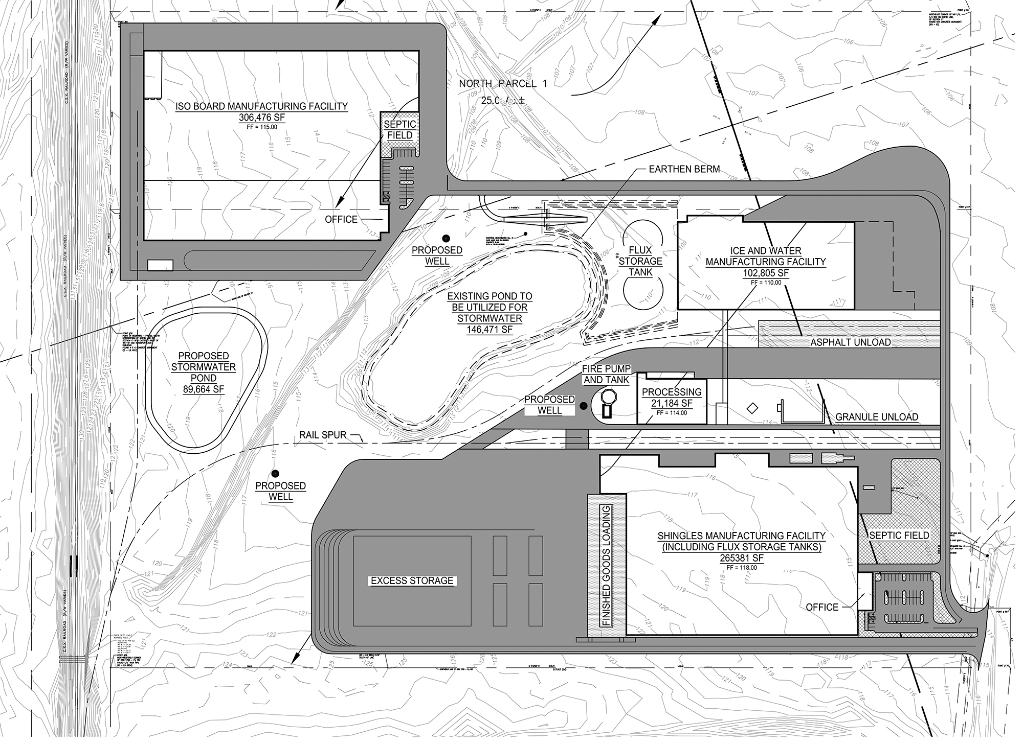 A conceptual site plan for IKO Project Gator shows several manufacturing buildings totaling about 700,000 square feet.