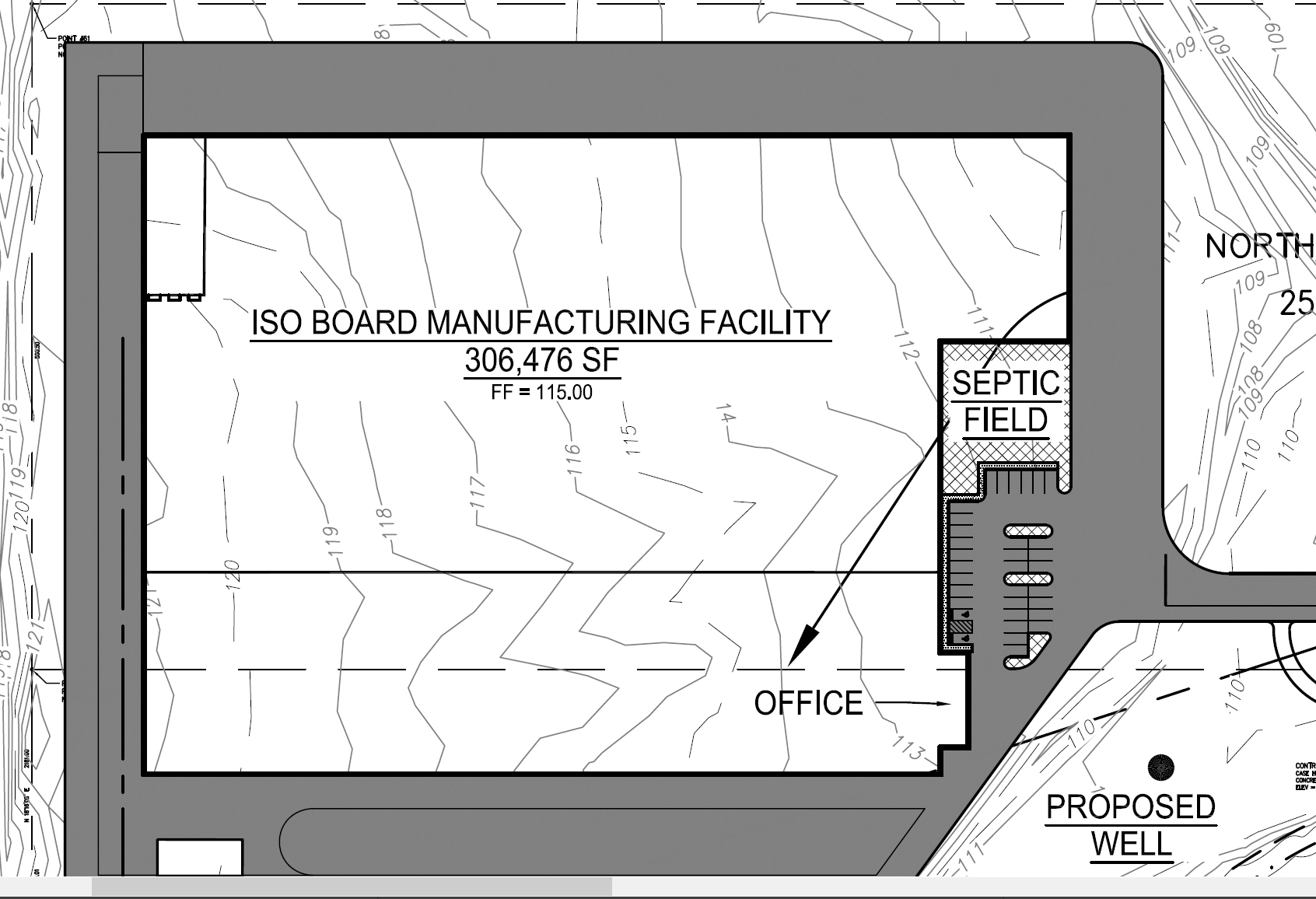 The conceptual site plan shows a 306,7461-square-foot ISO board manufacturing facility.