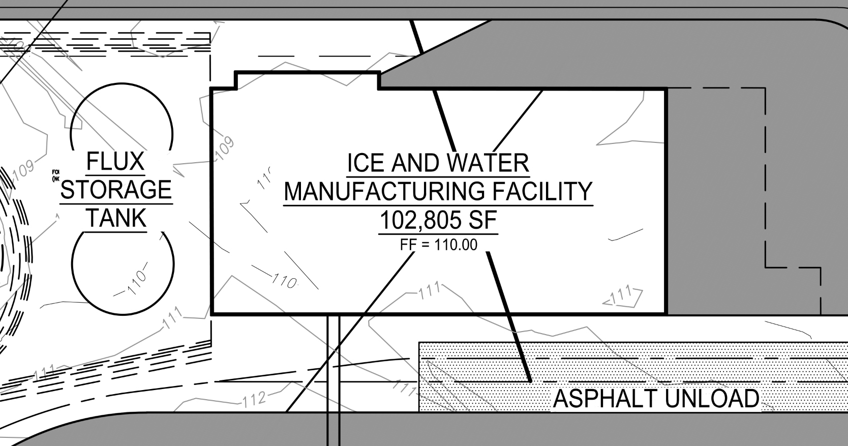 The conceptual site plan shows a 102,805-square-foot ice and water manufacturing facility.