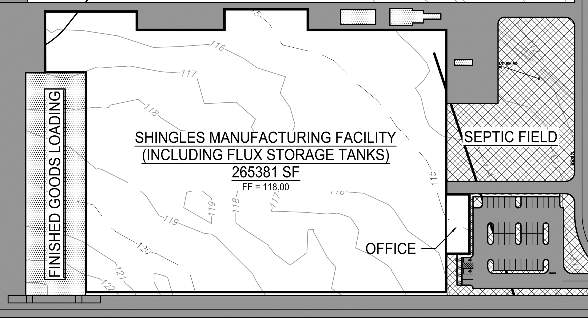 The conceptual site plan shows a 265,381-square-foot shingles manufacturing facility.