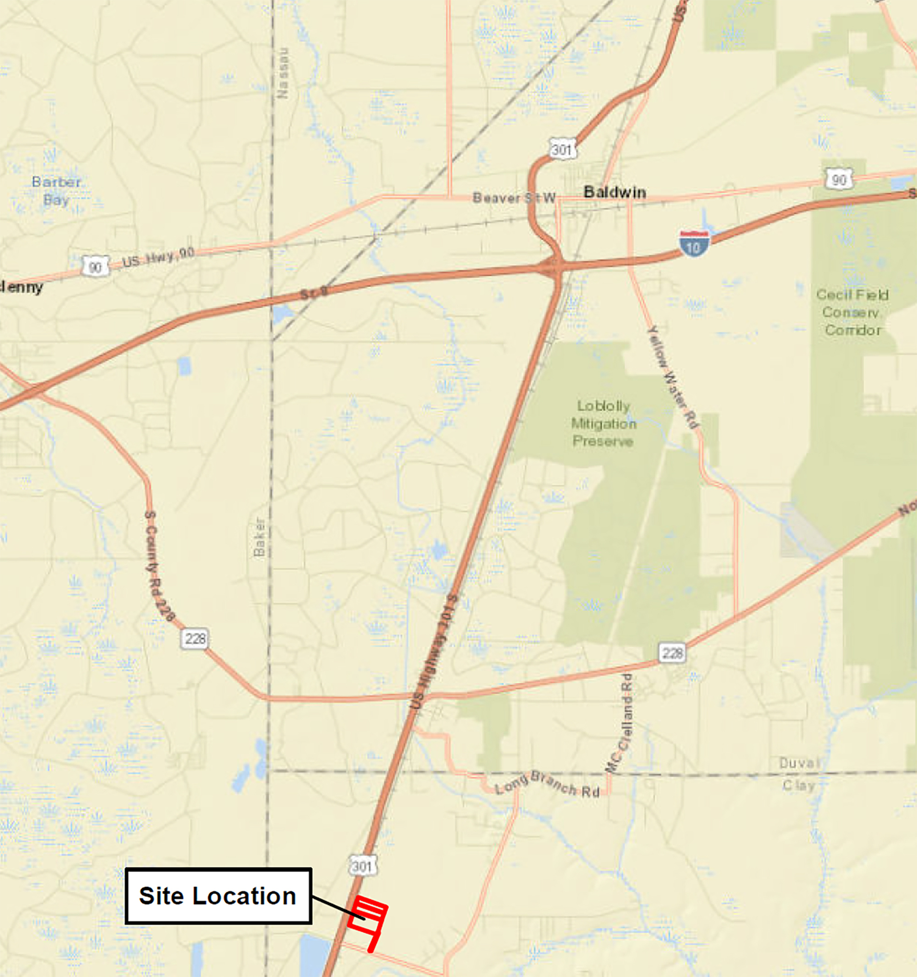 The site is 81.2 acres in the northwest corner of the county, east along U.S. 301, at County Road 218 about 10 miles south of Interstate 10.