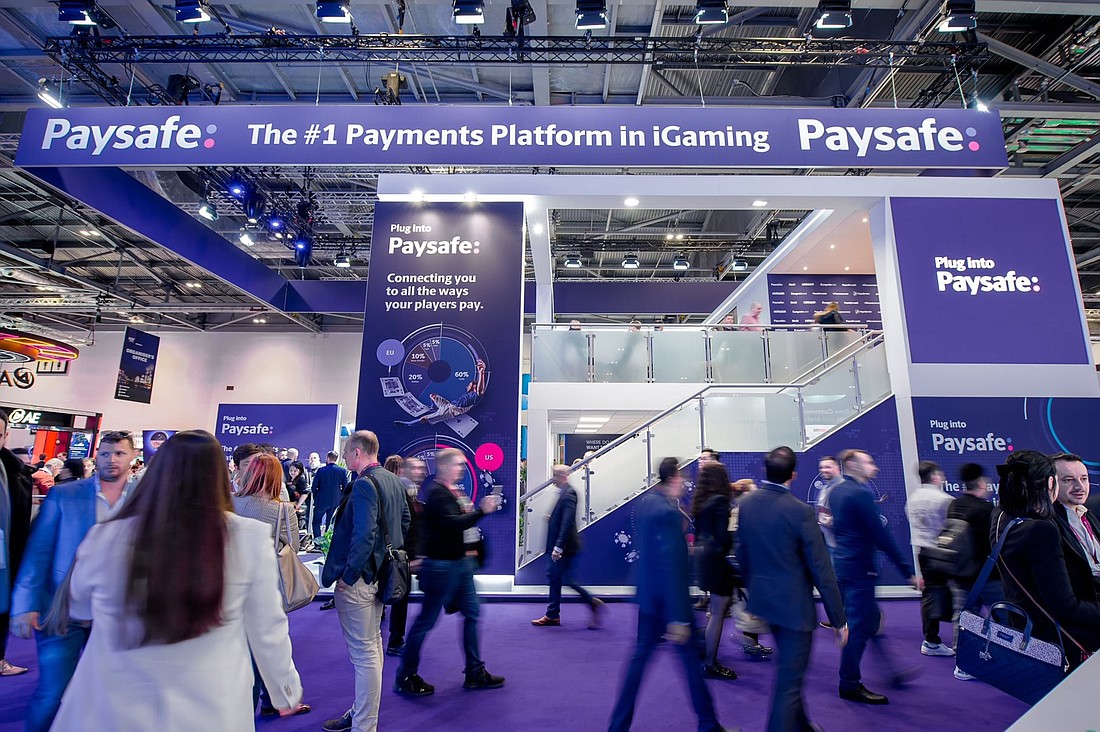 The Paysafe booth at the  ICE London convention in April. The event, which organizers say was attended by 35,000 people, focuses on the global gaming and gambling industry.