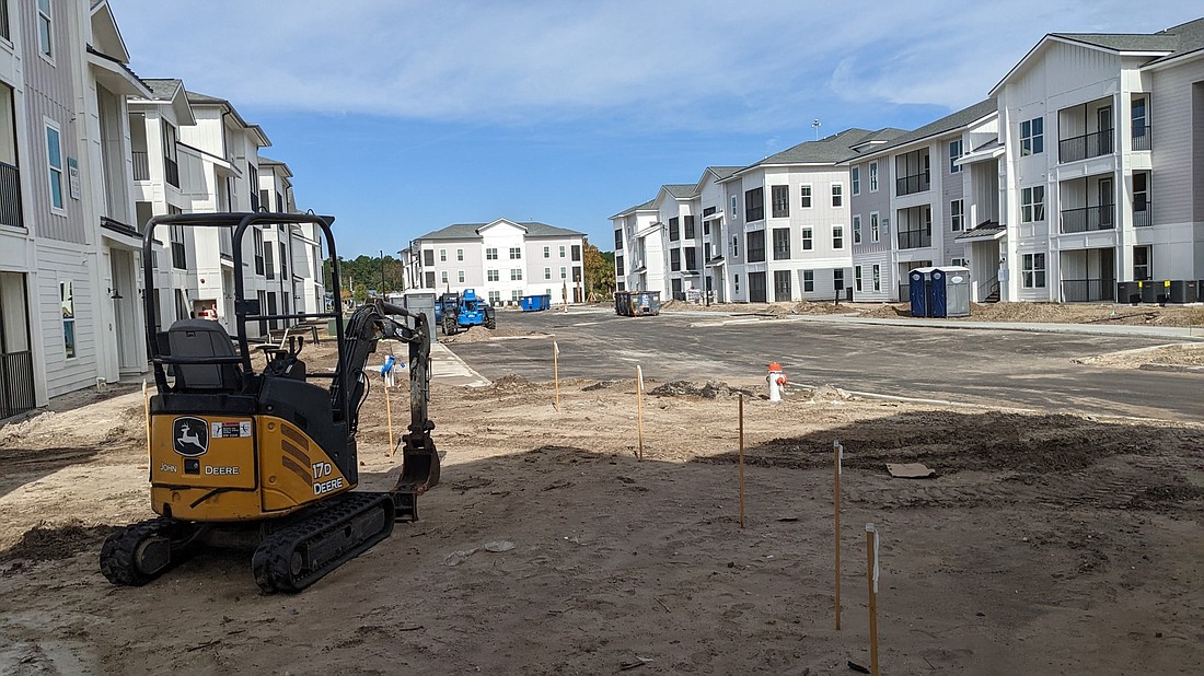 The $52 million, 324-unit Aventon Soraya apartments under construction at 13163 Ranch Road near Jacksonville International Airport. The western half of the community is open, with rents from $1,525 to $2,355 a month.