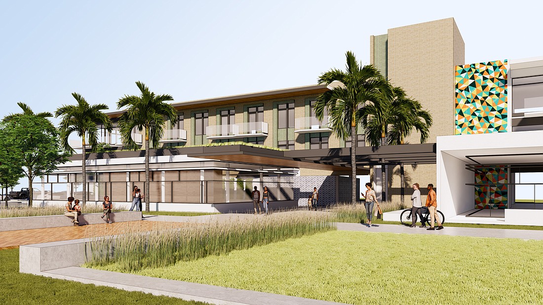 Developers plan to transform a historic Fort Myers property into 14,200-square-foot food hall with a rooftop deck and to build 26 market rate apartments on an adjacent property, south of the hall. (Courtesy rendering)
