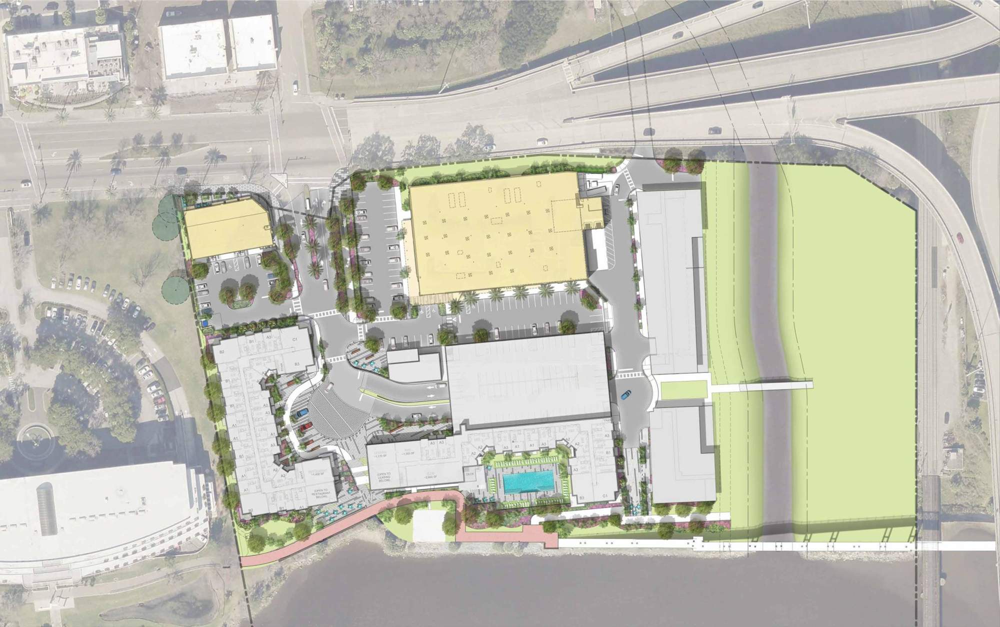 The site plan for One Riverside. Access to the mixed-use development is from Riverside Avenue.