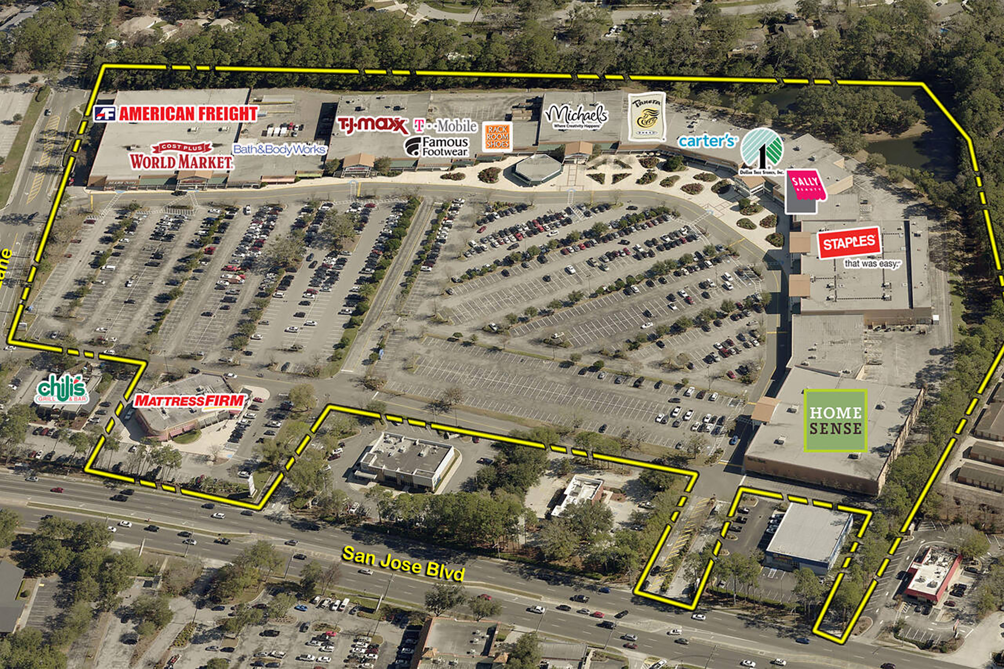 An aerial plan for Riverplace Shopping Center by landlord Kimco Realty shows HomeSense in the former Stein Mart store.