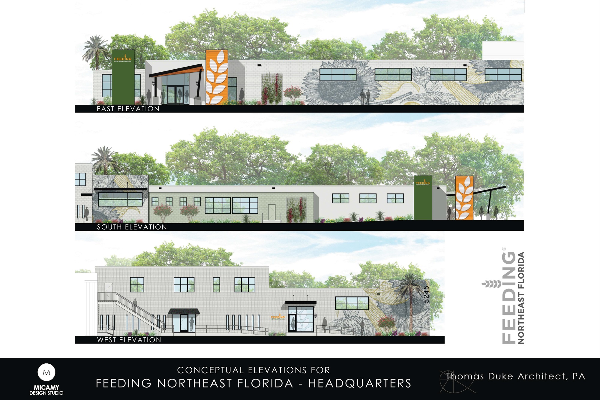 Elevations for the Feeding Northeast Florida food bank headquarters at 5245 Old Kings Road.