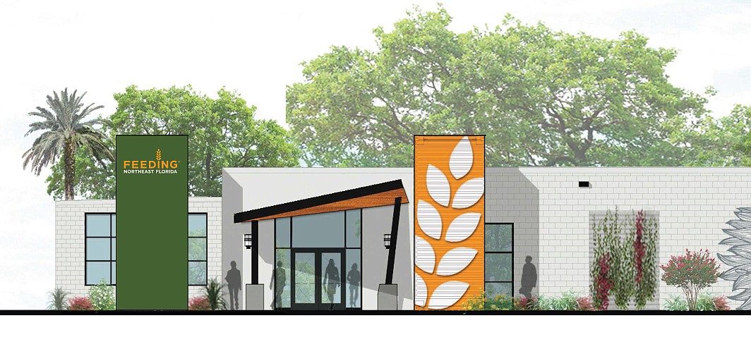 Special to the Daily Record The east elevation of the conceptual rendering for the new Feeding Northeast Florida food bank headquarters at 5245 Old Kings Road. The facility is about 6 miles northwest of Downtown Jacksonville.