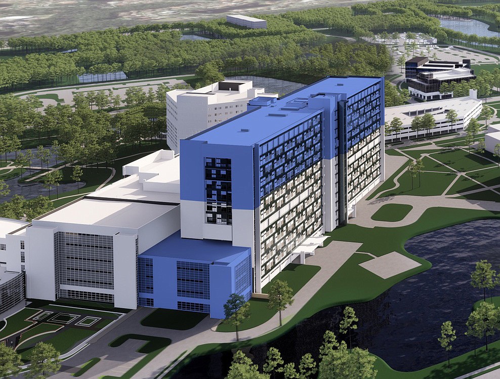 An aerial rendering of the patient tower expansion at Mayo Clinicâ€™s Jacksonville campus. The shaded area at the top of the building is the expansion.