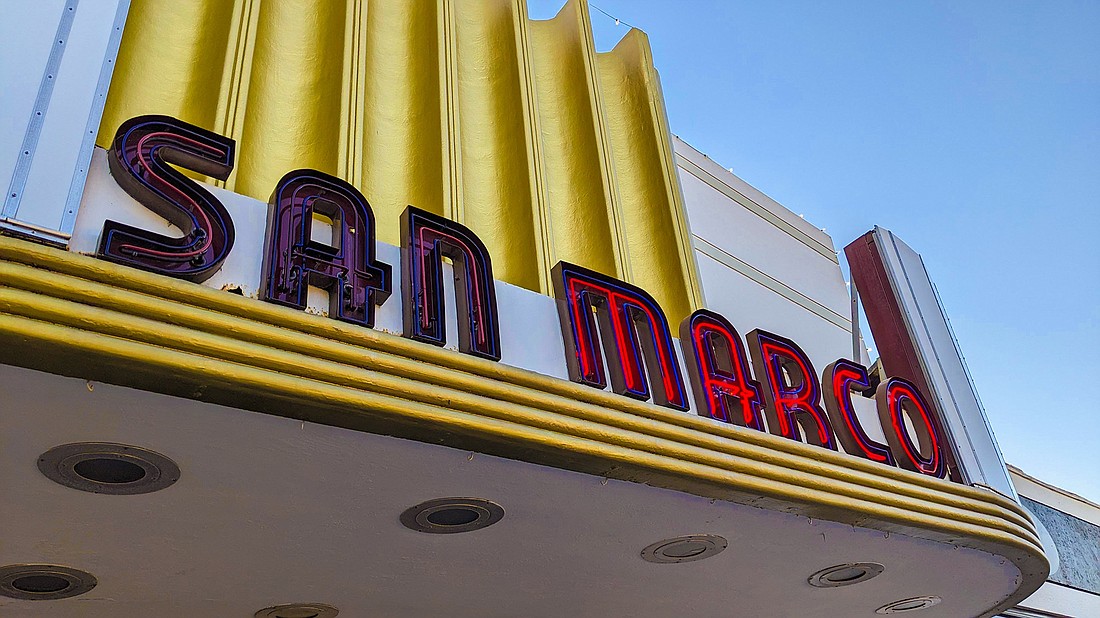 The marquee for the San Marco Theatre, which was built in 1938.