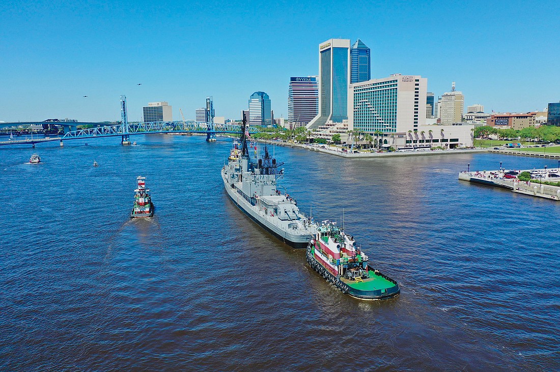The USS Orleck arrives in Downtown Jacksonville on March 26. It is moored at its temporary home near the Hyatt Regency Jacksonville Riverfront hotel.