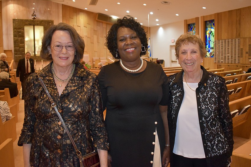 Karen Gary, April Glasco and Alice Blueglass before Shabbat service at Temple Beth Israel Friday night.