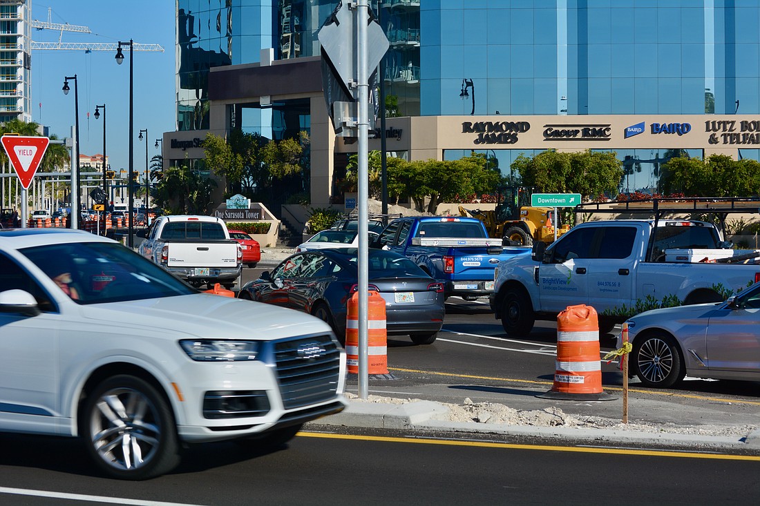 Though work is not fully complete, traffic was again moving smoothly through the roundabout at U.S. 41 and Gulfstream Avenue on Wednesday.