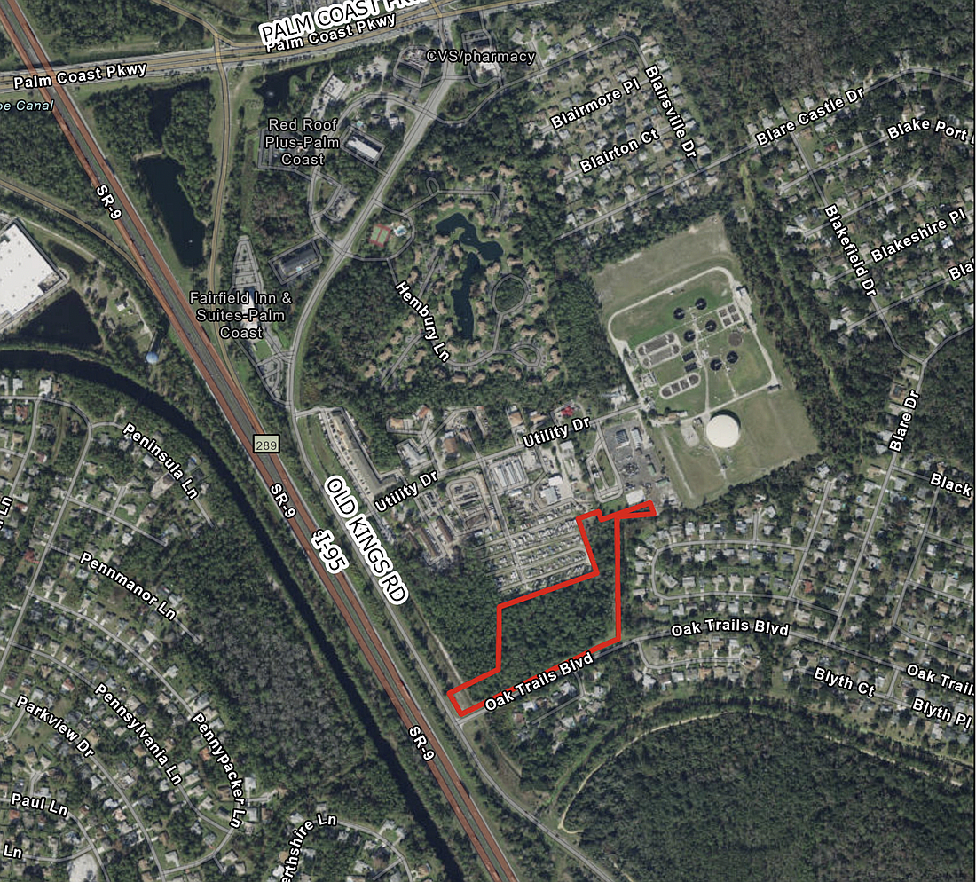 The development will be located west of the Woodlands area, at Old Kings Road and Oak Trails Boulevard. Image from Palm Coast City Council meeting documents