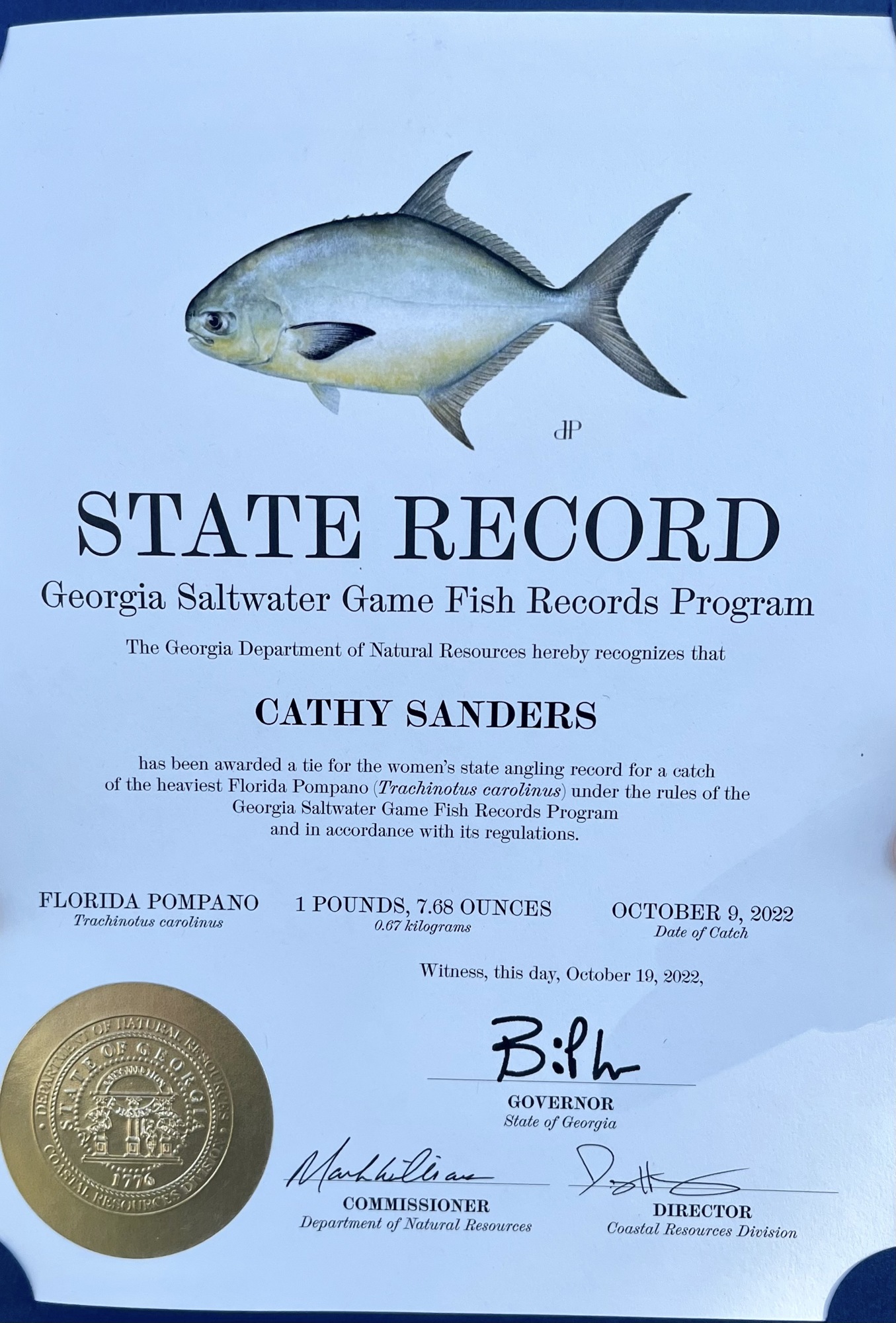 Sanders' certificate for her Georgia state record Florida pompano. Courtesy photo