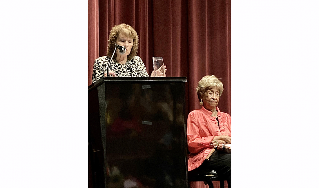 Joan Geronimo presents the 2022 Jazz Hero Award to Muriel McCoy, right. Courtesy photo