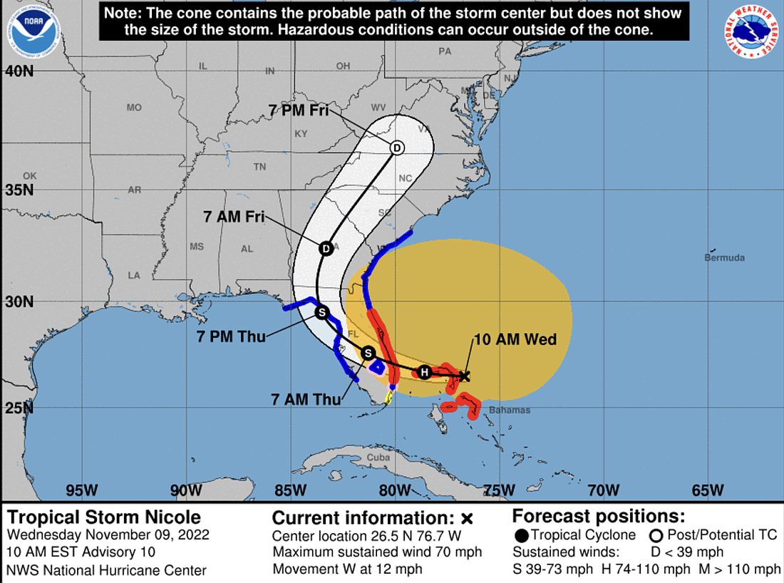 The evacuation for Flagler's barrier island goes into effect at 3:30 p.m. Wednesday Nov. 9. Image from National Hurricane Center