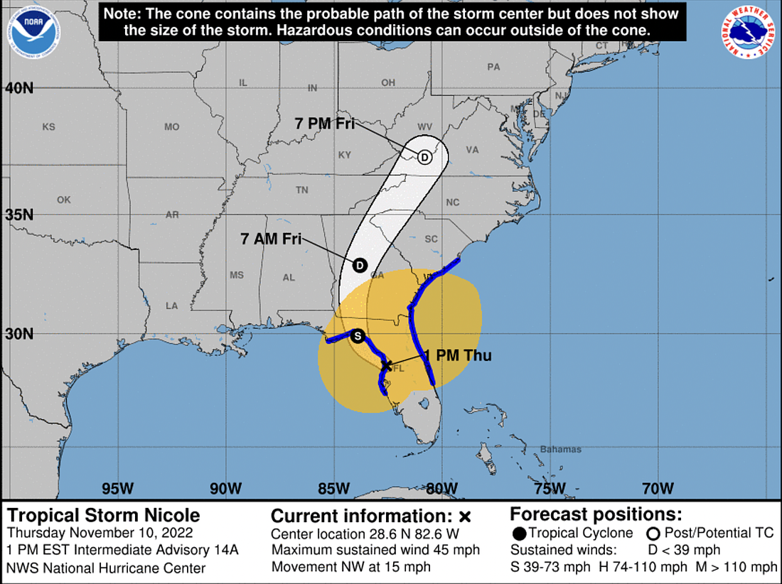 Current track of Tropical Storm Nicole. Image from National Hurricane Center