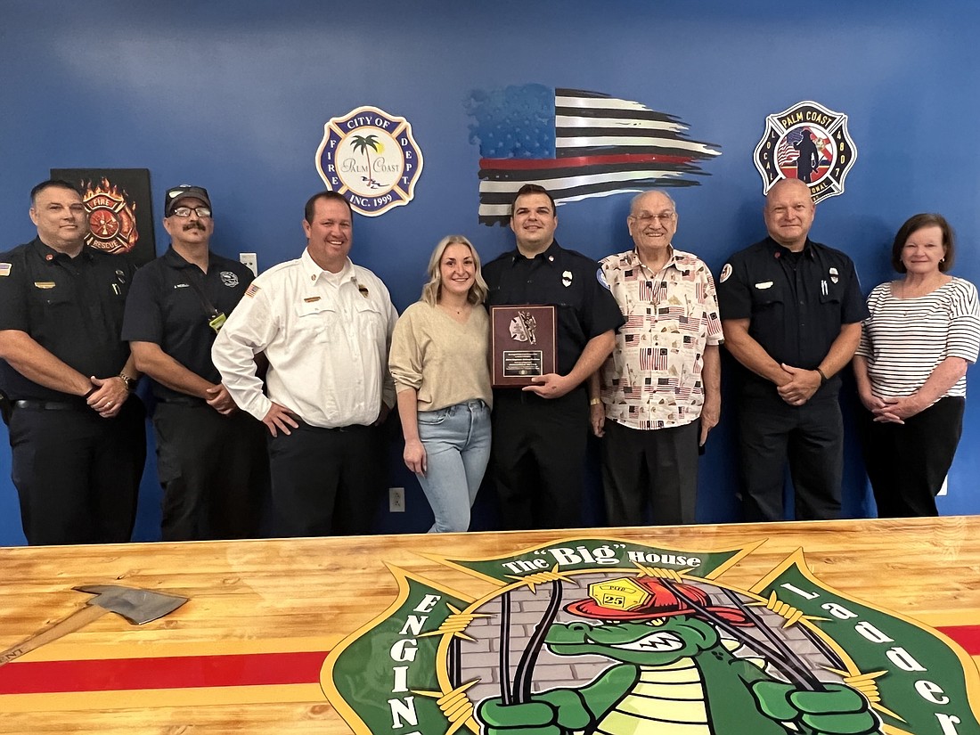 Palm Coast Fire Driver Engineer Anthony Pedersen after being presented the 2022 Firefighter of the Year Award from the Flagler-Palm Coast Kiwanis Club. Courtesy photo