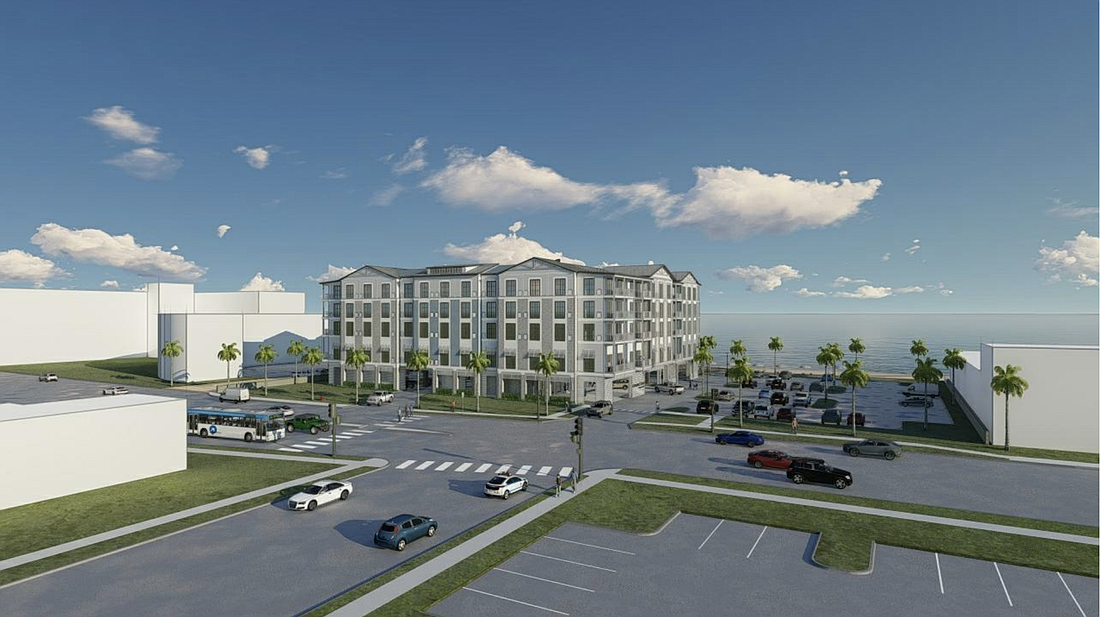 The 137-room hotel project is proposed for the vacant oceanfront lot on A1A by the Seminole Avenue beach approach. Rendering by Studio Z architecture