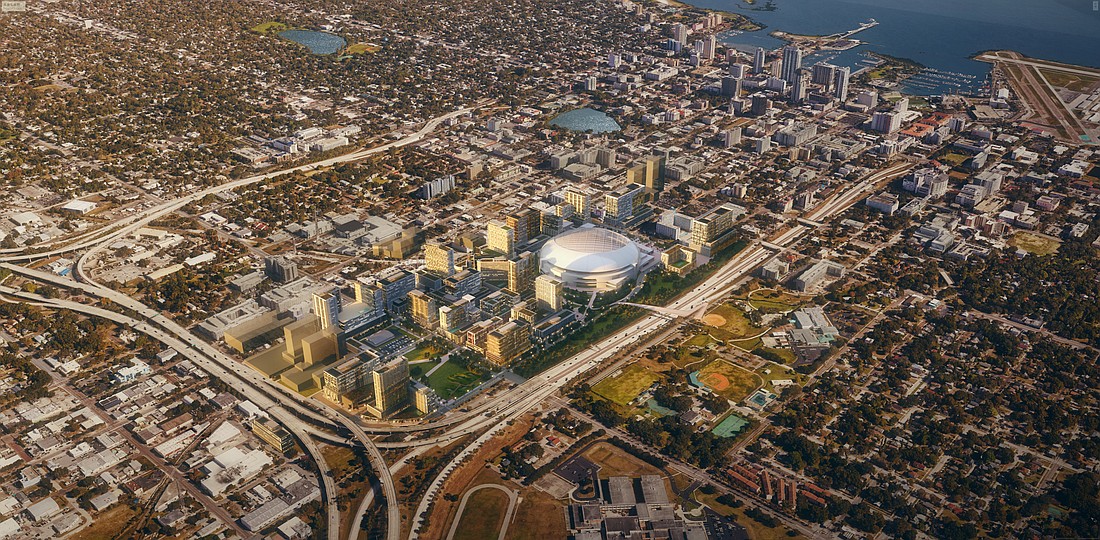 An aerial view of how the Tropicana Field site would be redeveloped by JMA Ventures/Sugar Hill Community Partners. (Courtesy photo)