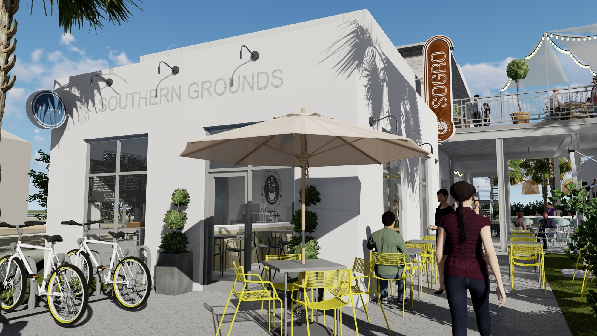 The project includes a Southern Grounds coffee shop and patio space.