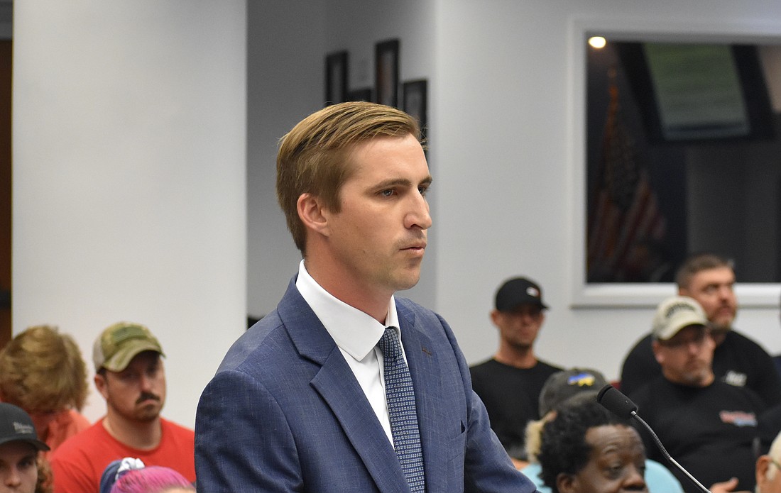 Kyle Grimes, an attorney for Schroeder-Manatee Ranch, speaks at the Dec. 15 meeting.