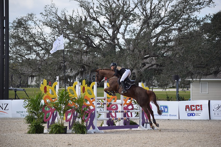 The TerraNova Equestrian Center showed off its colors in the $50,000 Grand Prix of Sarasota Jan. 14. Here, Kristen VanderVeen negotiates a jump riding Jasmijn.