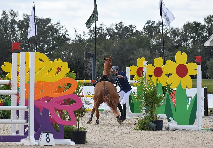 Craig Starr works to get Christian Dior calmed down after his fall.