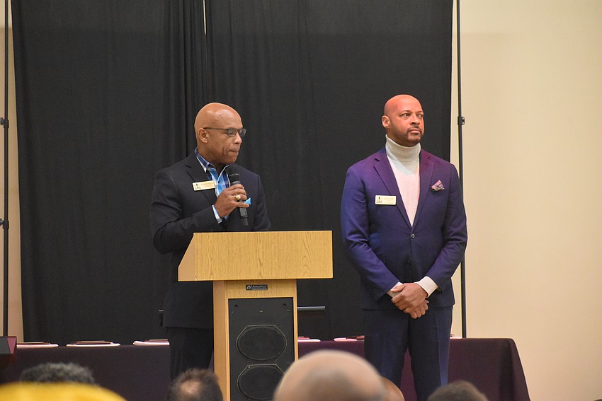 City Manager Marlon Brown and Mayor Kyle Battie speak at the 2023 Rev. Dr. Martin Luther King Jr. Memorial Breakfast and Community Awards.
