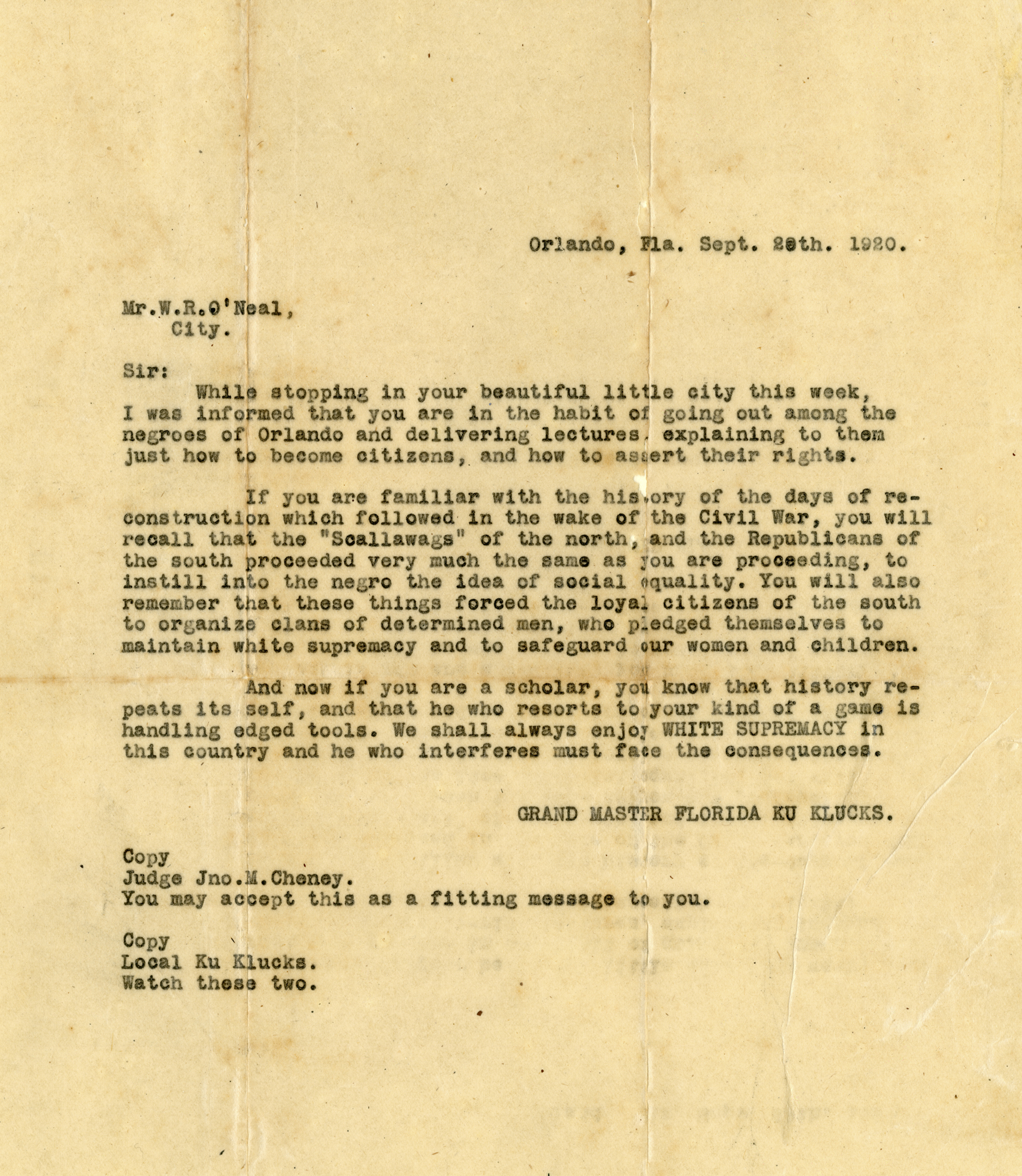 Letter sent to Judge Cheney by the local chapter of the Ku Klux Klan. Courtesy of the Orlando Regional History Center