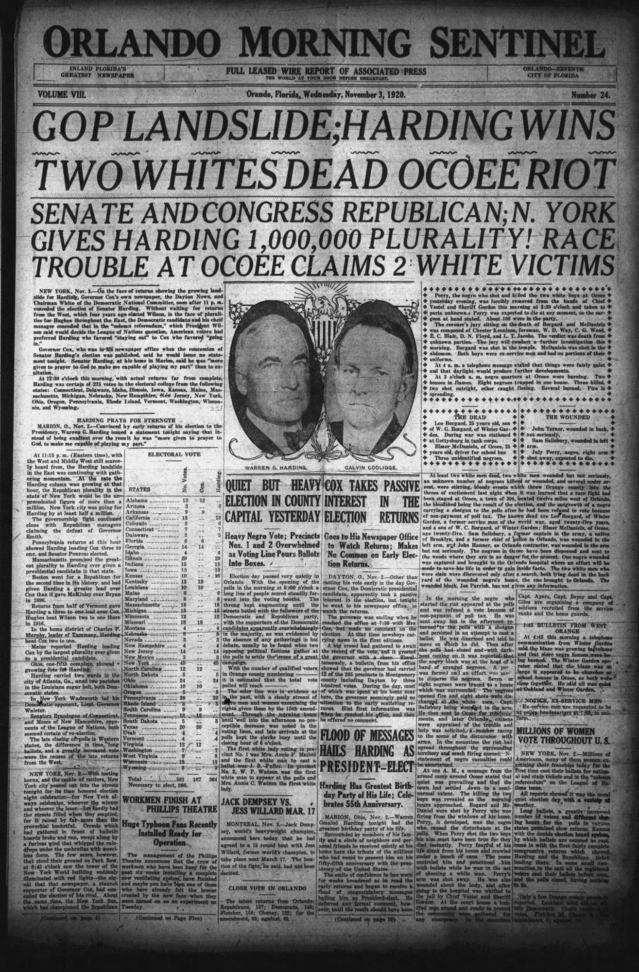 The headline of the Nov. 3 edition of the Orlando Morning Sentinel only makes note of the two white men who died,  while labeling the massacre as the 
