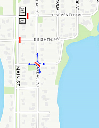 Although the original business item pertained to closing the Southeastern quadrant of the town at East Sixth Avenue, the council opted to adopt a temporary road closure of East Eighth Avenue at Main Street and East Seventh Avenue at mid-block.