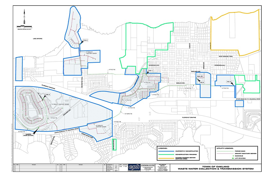 Lift stations direct wastewater to the treatment plant. This map shows all the current service areas in blue. The areas of upcoming construction are in green. The peach space is the Winter Garden sewer service area.